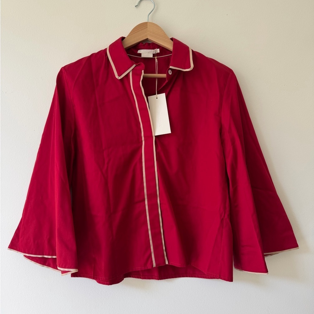 M. Martin Cherry Red Cotton Button Up Bell Sleeve Quiet Luxury Minimalist XS